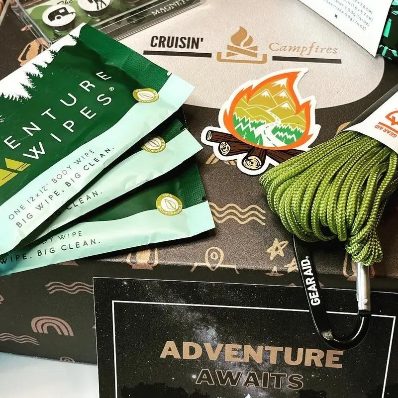 An adventure box with rope, stickers and wipes